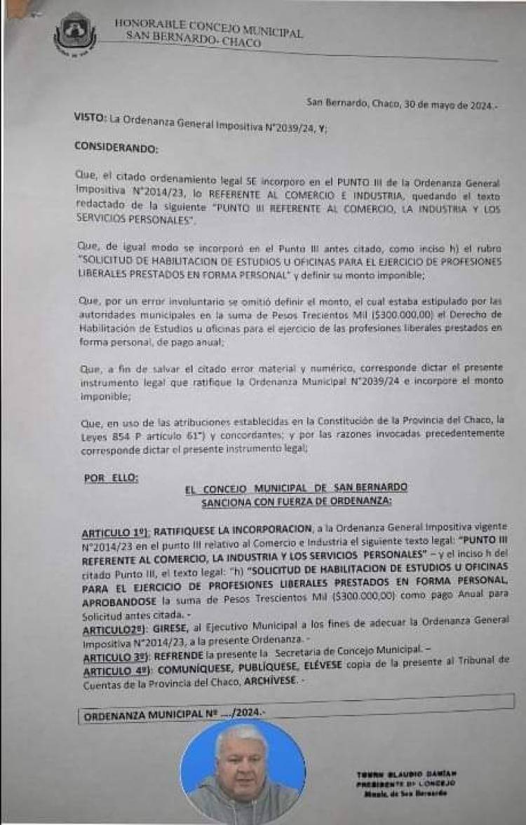 SAN BERNARDO: A FALTA DE CAJA  EL MUNICIPIO  CREA  UN IMPUESTO DE $300.000  PARA QUE PAGUEN TODOS LOS PROFESIONALES LIBERALES QUE ESTÁN EXCENTOS POR LA LEY DE DEFENSA DEL CONSUMIDOR